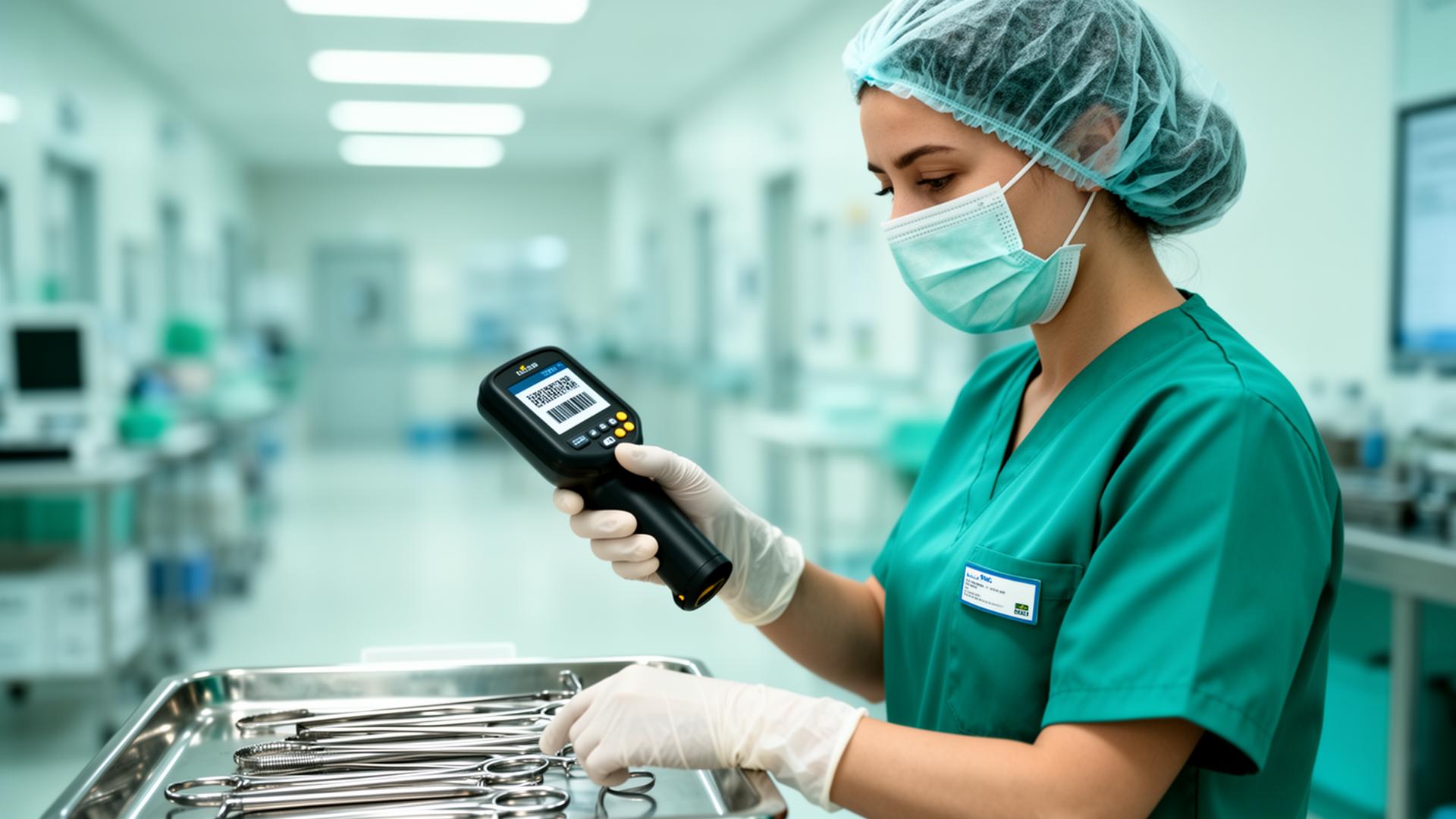 Enfermeira utilizando tablet com leitor de código de barras na CME